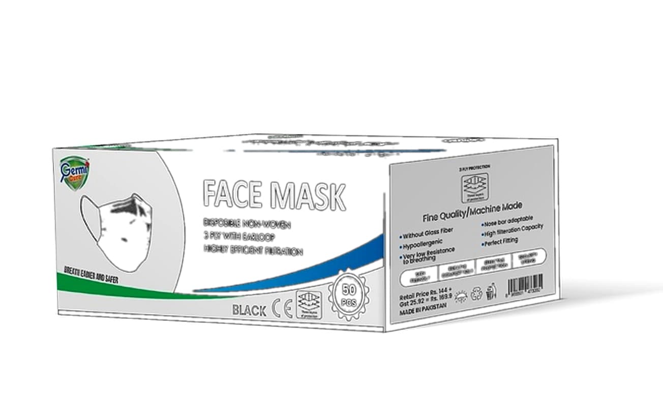 Germi Cure Face Mask BLACK 65 gsm 3-Ply Ultrasonic Punch PVC Coating Nose Pin 50 Mask/Box 48/Box per Carton – buy online in Pakistan at best wholesale price | P