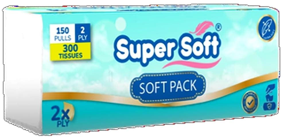 Super Soft Soft Pack Mini 150 x 2 Ply = 300 Tissue Tissue Size 15x20cm Pure Imported Paper 13.7gsm 40/Pkt per carton – buy online in Pakistan at best wholesale
