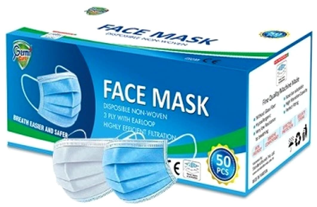 Germi Cure Face Mask MEDICAL BLUE 65 gsm 3-Ply Ultrasonic Punch PVC Coating Nose Pin 50 Mask/Box 48/Box per Carton – buy online in Pakistan at best wholesale pr