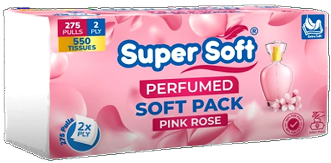 Super Soft Soft Pack Perfumed 275 x 2 Ply = 550 Tissue Tissue Size 20x20cm Pure Imported Paper 13.7gsm 40/Pkt per carton – buy online in Pakistan at best wholes