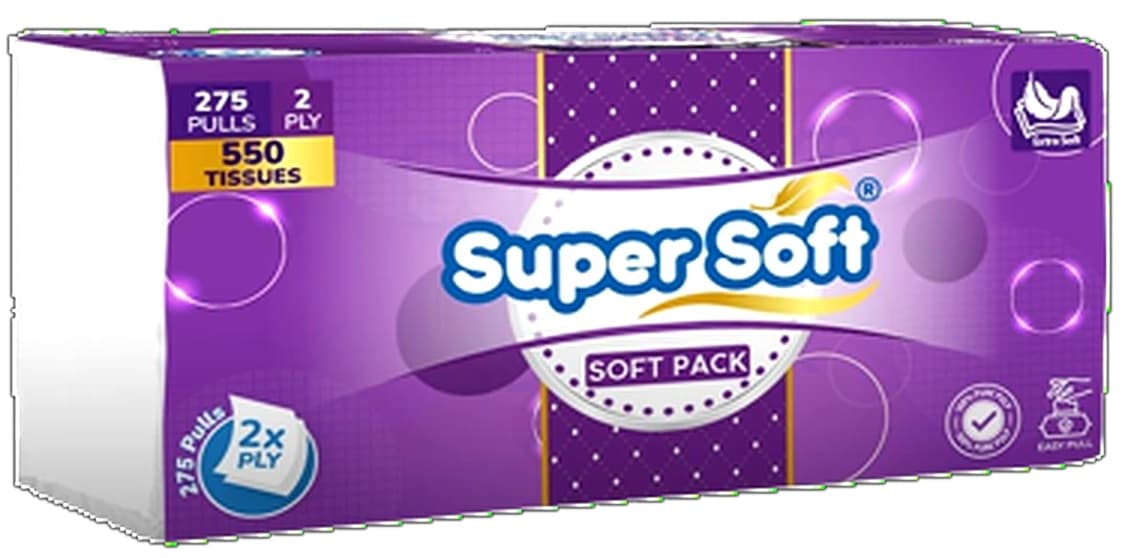 Super Soft Soft Pack 275 x 2 Ply = 550 Tissue Tissue Size 20x20cm Pure Imported Paper 13.7gsm 40/Pkt per carton – buy online in Pakistan at best wholesale price